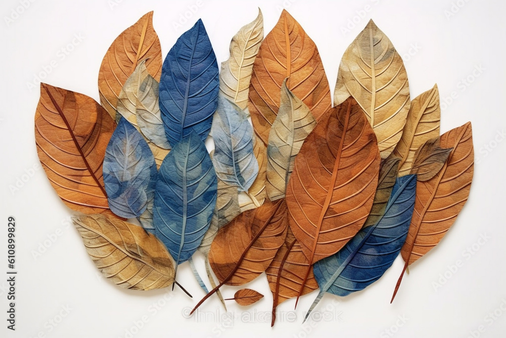 Poster  A mixed-media artwork featuring pressed and dried leaves arranged in an abstract pattern, creating a tactile and visually engaging composition.  Generative AI technology.