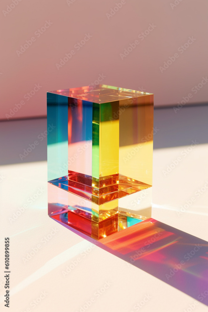 Poster a minimalist photograph of sunlight passing through a glass prism, creating a spectrum of colors and