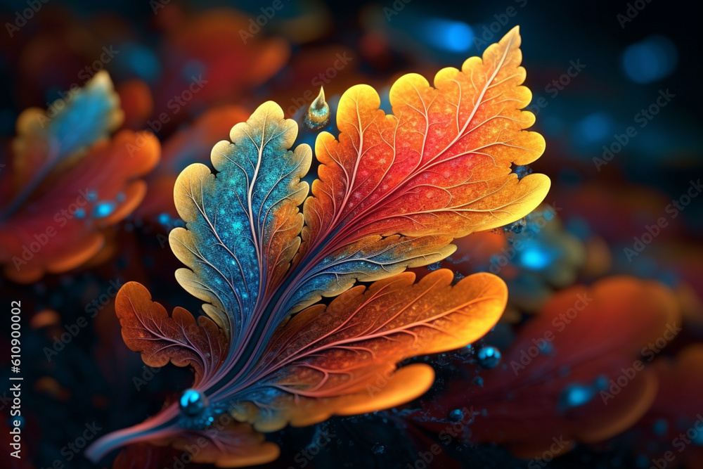 Poster a digital fractal art image inspired by a leaf's intricate patterns, with intricate fractal shapes a