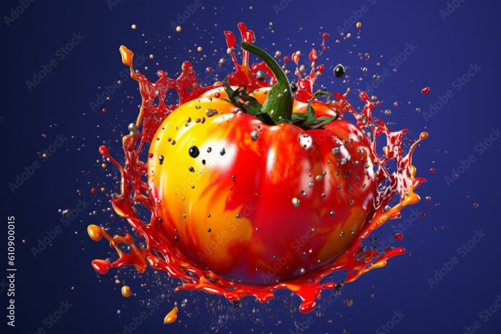 Poster An vibrant photograph of a Tomato splashed in bright paint, symbolizing freshness and health.  Generative AI technology...