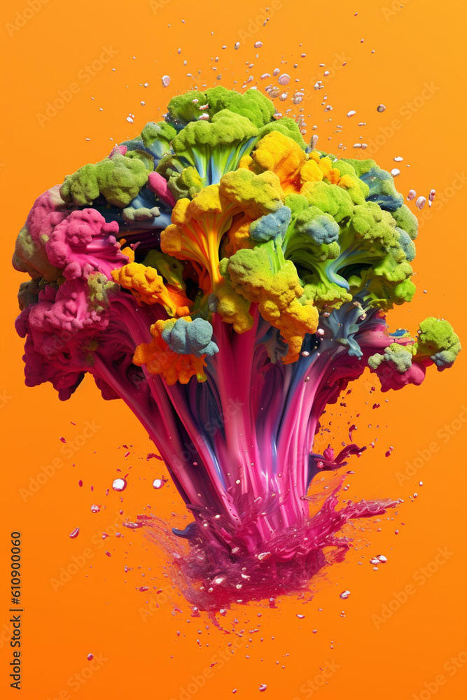 Aufkleber An abstract surreal photograph of a Broccoli splashed in bright paint, symbolizing freshness and health. Generative AI technology...