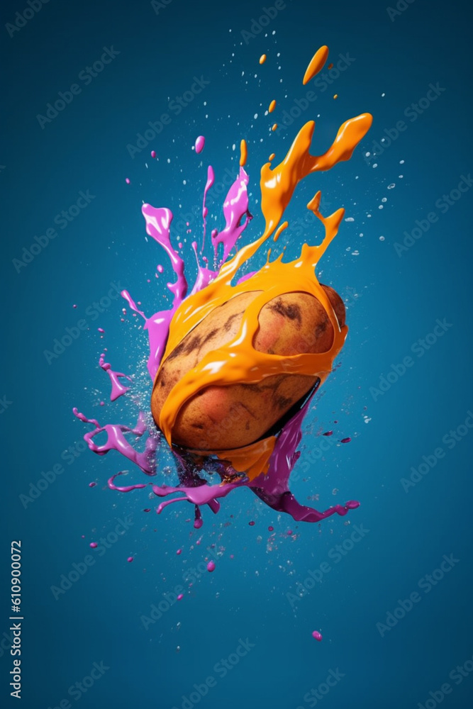 Poster an abstract surreal photograph of a sweet potato splashed in bright paint, symbolizing freshness and