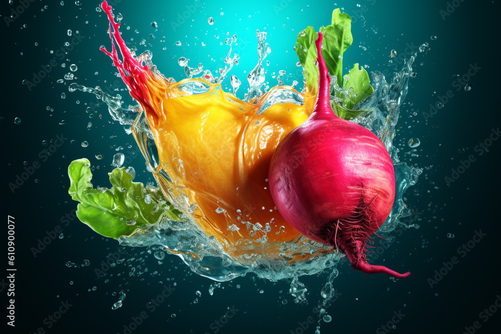 Poster an vibrant photograph of a radish splashed in bright paint, symbolizing freshness and health. genera