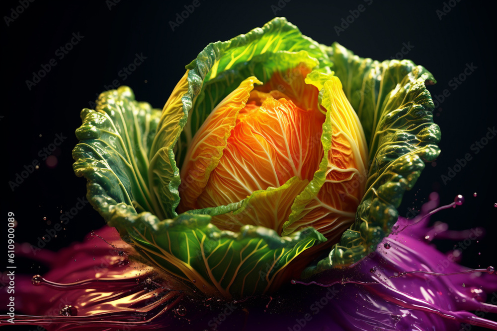 Poster an vibrant photograph of a cabbage splashed in bright paint, symbolizing freshness and health. gener