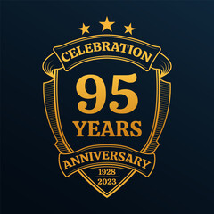 95 years anniversary icon or logo. 95th yubilee celebration, business company birthday badge or label. Vintage banner with shield and ribbon. Wedding, invitation design element. Vector illustration.