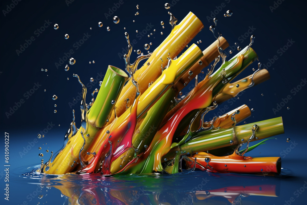 Poster an vibrant photograph of a bamboo shoots splashed in bright paint, symbolizing freshness and health.