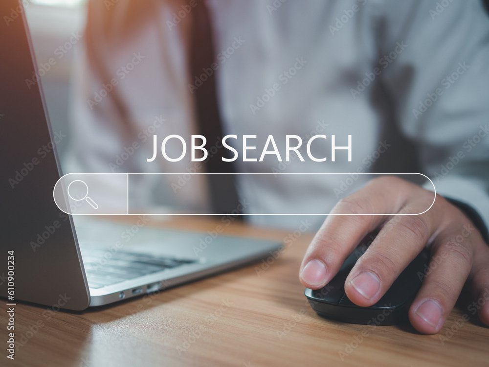 Poster businessman using computer laptop to job search on online internet. applying for a job concept.