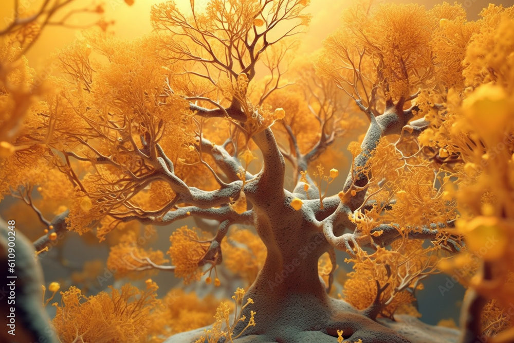 Poster A dense bacterial colony with irregular edges and a pale yellowish coloration, resembling a branching tree structure.  Generative AI technology.