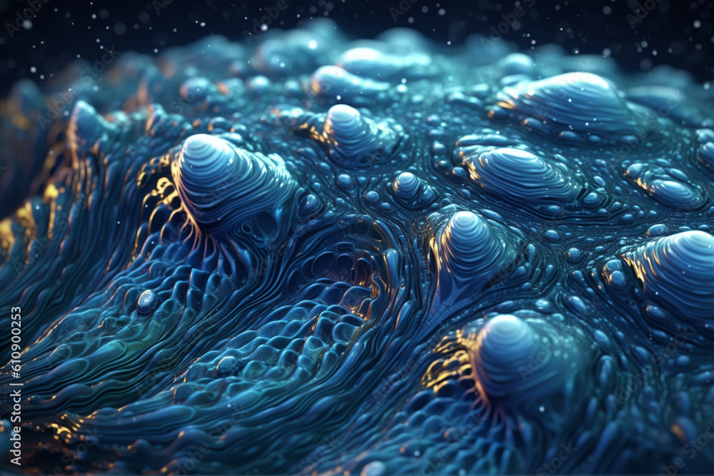 Poster An elongated bacterial colony with a wavy pattern and a deep blue color, resembling a swirling wave. Generative AI technology.