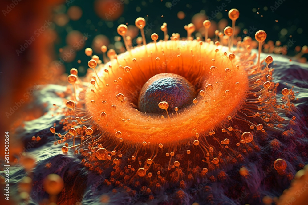 Aufkleber A bacterial colony with a circular shape and a bumpy surface, exhibiting a vibrant orange color.  Generative AI technology.