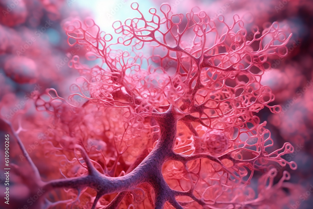 Poster a spreading bacterial colony with intricate branching patterns, exhibiting a vibrant pink color. gen