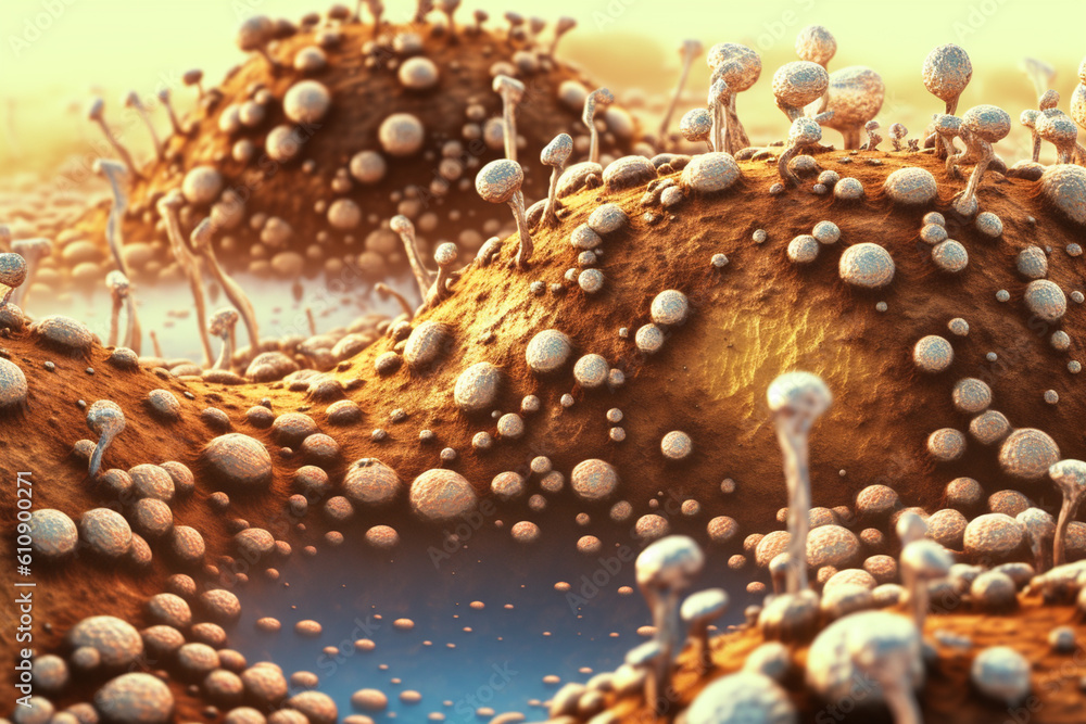 Poster A large bacterial colony with a flat and irregular shape, featuring a mottled appearance in shades of brown and beige.  Generative AI technology.
