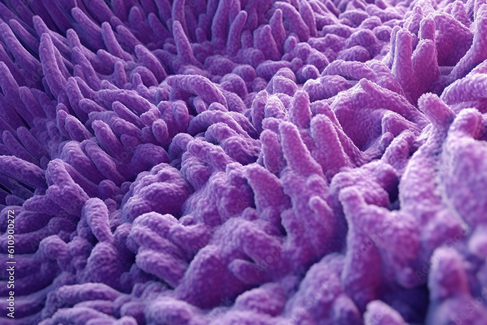 Poster a dense bacterial colony with a textured surface, resembling a fuzzy carpet, and featuring a pale pu