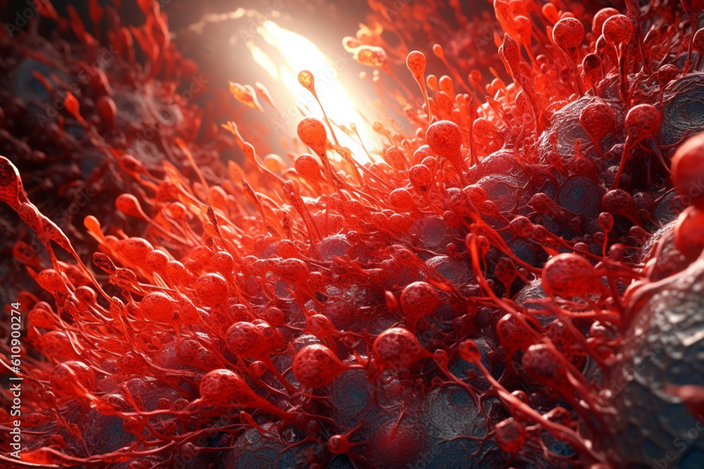 Poster A clustered bacterial colony with interconnected filaments, forming a mesh-like structure, and featuring a bright red color. Generative AI technology.