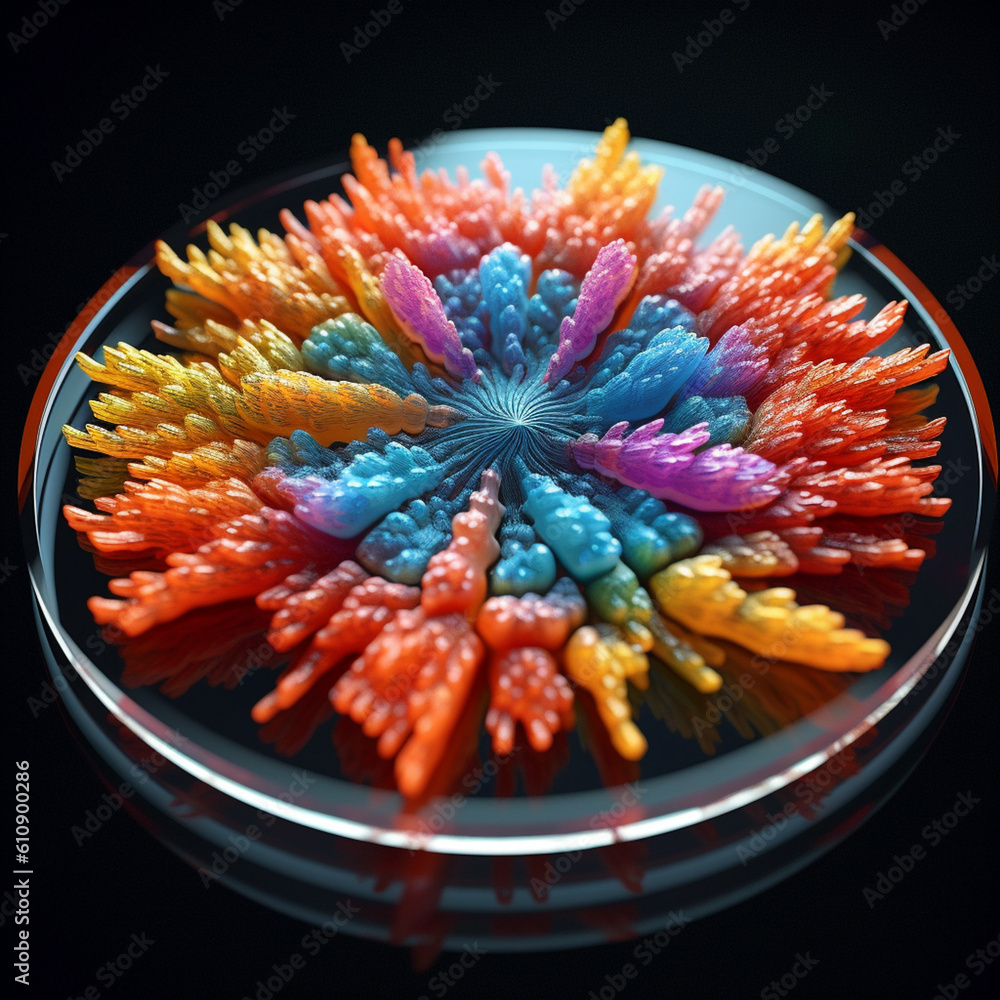 Poster A petri dish with bacterial colonies spreading outwards from a central point, forming intricate patterns reminiscent of a snowflake.  Generative AI technology.