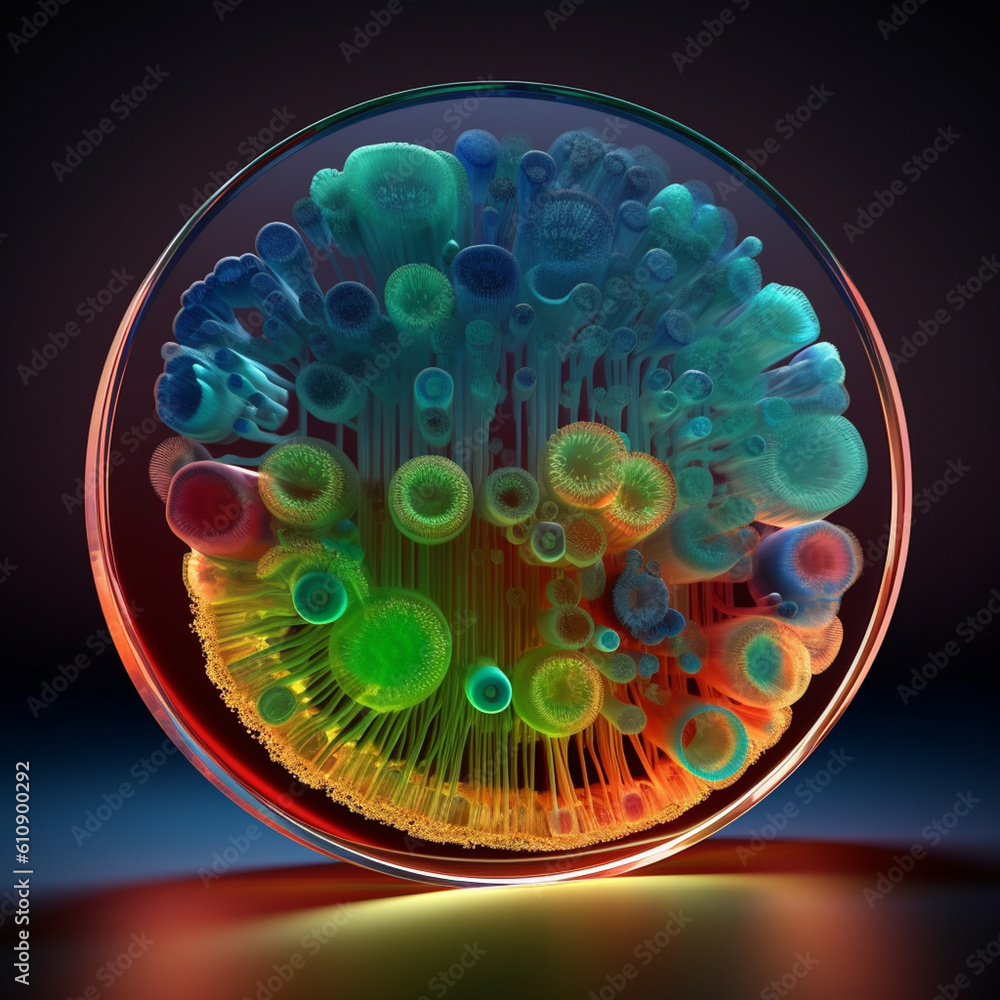 Poster an agar plate with bacterial colonies displaying a gradient of colors, transitioning from dark blue 