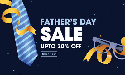 Upto 30% Discount Offer on Father's Day Sale Banner Design with Necktie and Eyeglasses Illustration on Blue Background.