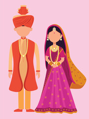 Faceless Wedding Couple Character Wearing Traditional Dress in Standing Pose.