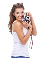 Fototapeta premium Camera, portrait and happy photographer woman isolated on a transparent, png background for picture. Female model person with photography gear for creativity and shooting for hobby, fun or career