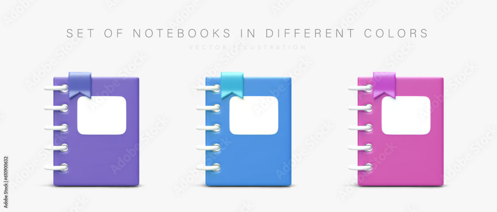 Poster set of 3d notebooks in different colors. personal planers with vertical springs and tabs. school and