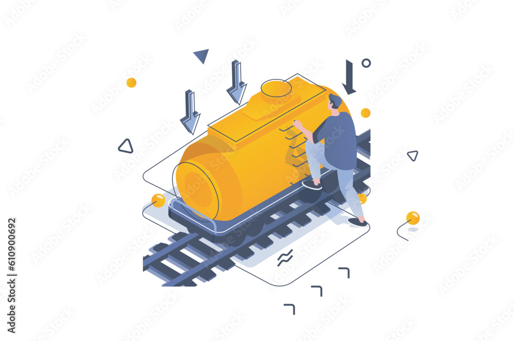 Aufkleber Oil Industry concept in 3d isometric design. Man working with tank railroad wagon for transporting petroleum and liquid products. Vector illustration with isometric people scene for web graphic