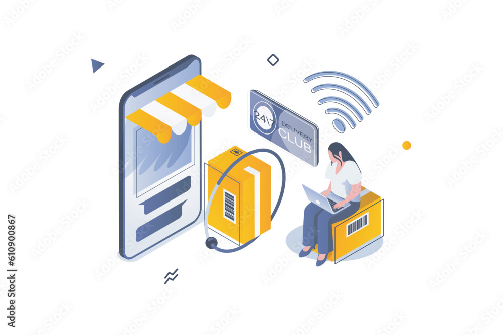 Leinwandbilder online shopping concept in 3d isometric design. woman buying new goods and ordering delivery of boxe