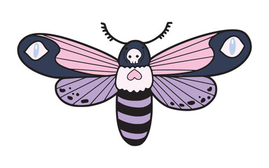 Hand drawn cute magical moth, isolated vector illustration on white background