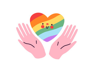 Obraz premium LGBT love heart of rainbow colors. Hands supporting LGBTQ rights, homosexual, bisexual, transgender holiday. Pride month, cute sticker. Flat graphic vector illustration isolated on white background