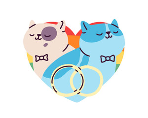 LGBT love, homosexual mariage, gay wedding concept. Cute happy romantic cats, married LGBTQ couple with engagement rings, funny sticker. Flat graphic vector illustration isolated on white background