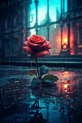 Single red rose in a rainy city