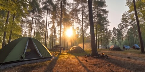 AI Generated. AI Generative. Morning sunrise at camping camp tents. Adventure vacation relax trip inspirational vibe. Graphic Art