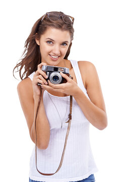 Camera, young woman or happy photographer isolated on a transparent, png background for picture. Portrait of a person from Canada with photography gear for creativity and shooting for hobby or career