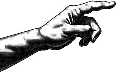 PNG Pointing stretched human hand. Retro modern collage halftone element black on white