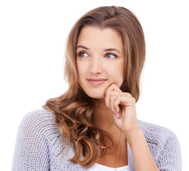 Face, thinking and a woman with an idea and smile isolated on a transparent, png background. A young female model person from Canada to think of solution, memory and strategy or question about choice
