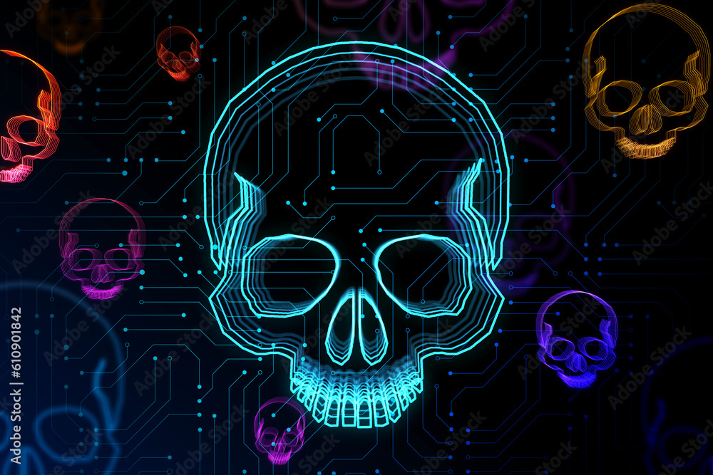 Aufkleber Glowing skull digital illustration, dark screen texture background with circuit, hacking attack and piracy concept. 3D Rendering