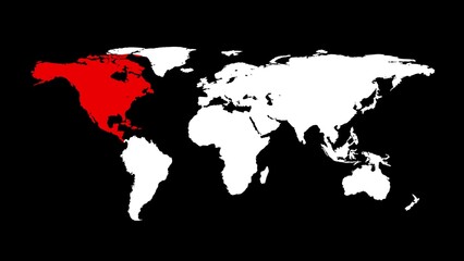 Fototapeta na wymiar World map with red North America. Whole world map on black background. Infographic design. Business or travel concept. Virus infection. 3D animation
