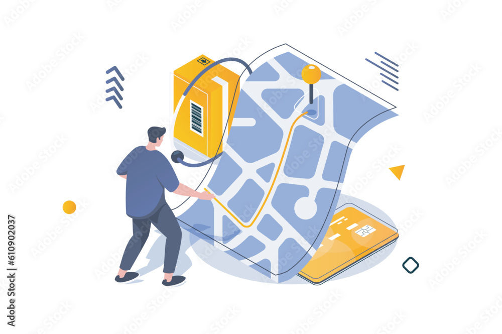 Poster transportation logistics concept in 3d isometric design. man ordering delivery of boxes, paying and 
