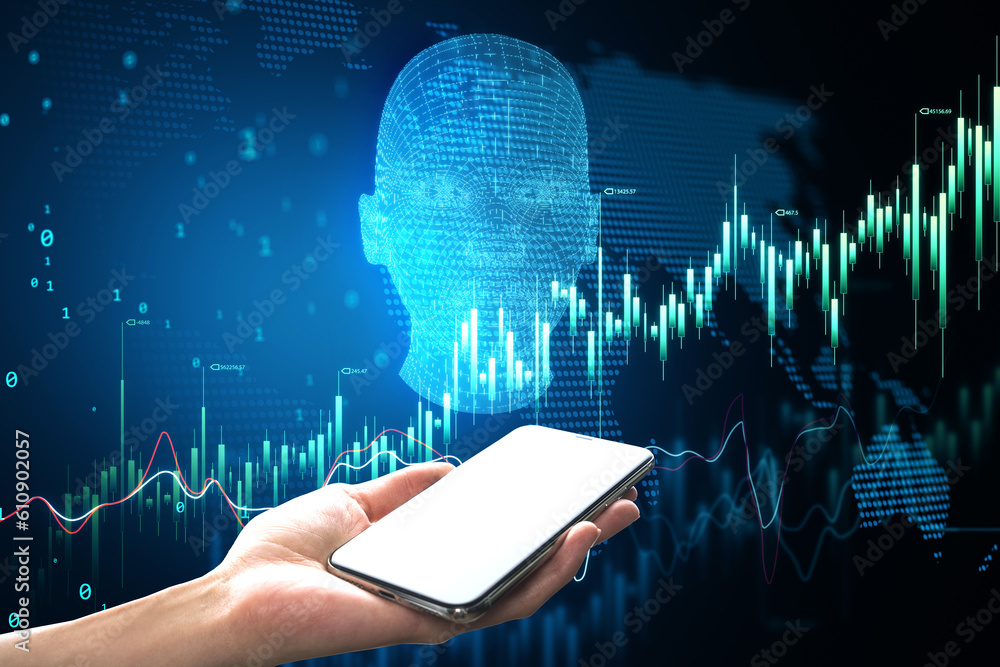 Poster Digital data mining, mobile trading and machine learning technology concept with human hand using modern smartphone on robot head with financial chart candlestick on world map background