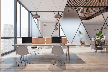 Front view on light stylish workspace tables with modern computers in eco interior design coworking office with wooden floor, mat partition background and city view from panoramic window. 3D rendering