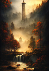 Ancient tower surrounded by waterfalls and trees Generative AI