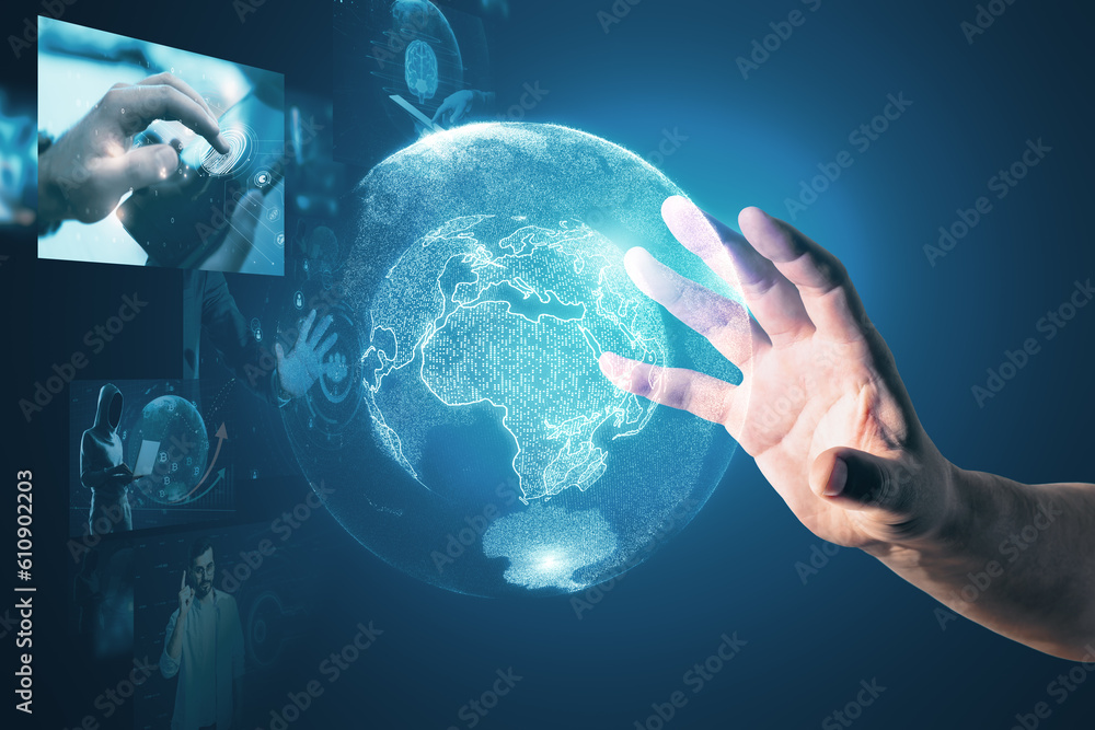 Poster close up of male hand with digital globe hologram on dark background. digital world, global hacking 
