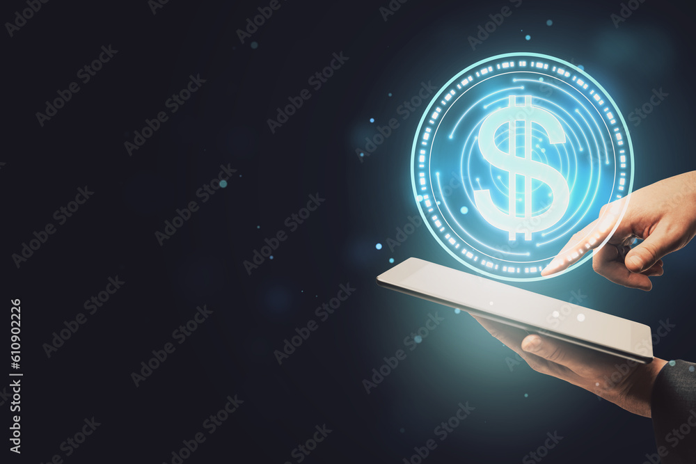 Poster close up of hand pointing at mobile phone with digital round dollar sign on dark background with blu