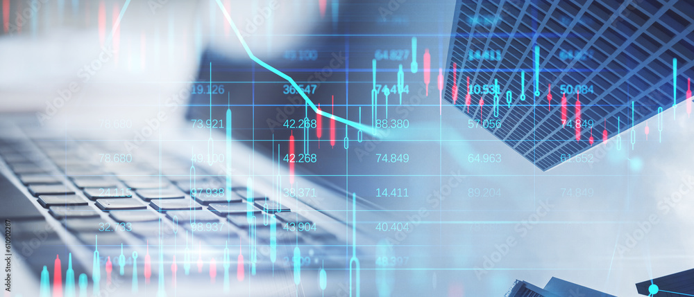 Poster close up of laptop on abstract wide city background with forex chart and grid. financial growth, tec