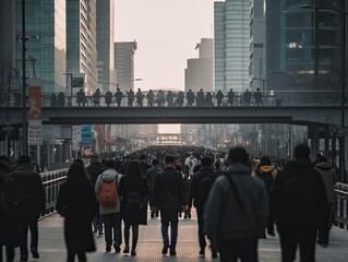 Generative AI illustration of crowded pedestrian street with many people in warm clothes walking along modern city district with skyscrapers and buildings