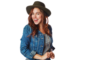 Fashion, portrait and excited woman in hat isolated on a transparent png background. Face, clothes and smile of female person or model from Canada with style, trendy fedora and cool denim clothing.