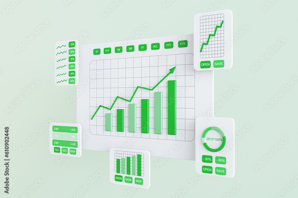 Poster Perspective view on project statistics, financial data, growing sales charts, report preparation and data synchronization white card windows with green graphs on light wall background. 3D rendering