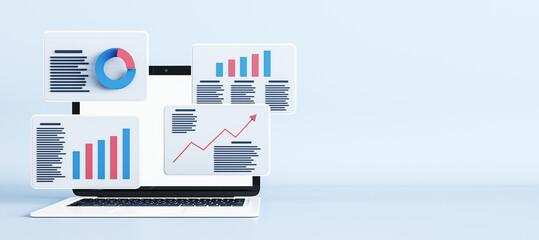 Project statistics, financial data, sales charts, report preparation and data synchronization on digital windows and laptop on light background with place for advertising poster. 3D rendering, mock up