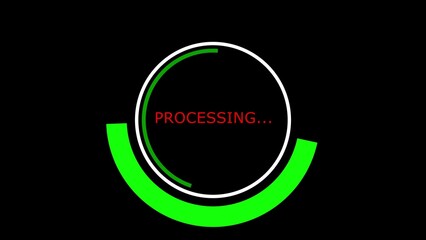 Rotating circles and semicircles with inscription PROCESSING. Software program updating in a circle on black background. Loading circle icon. Modern preloader. 3D animation