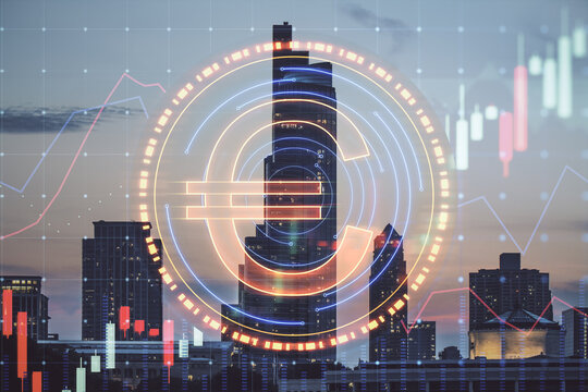 Creative digital round euro sign and forex chart on blurry city skyline background. Online banking, cryptocurrency and finance concept. Double exposure.