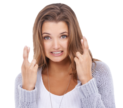Isolated woman, portrait and fingers crossed for hope, good luck and anxiety by transparent png background. Student girl, finger sign or emoji with stress for winning, competition or results for exam